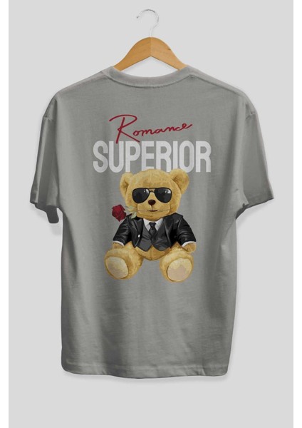 Teddy Bear Romance Superior Arka Baskılı Gri Oversize T-Shirt Unisex Erkek Kadın Bisiklet Yaka fiyatları
