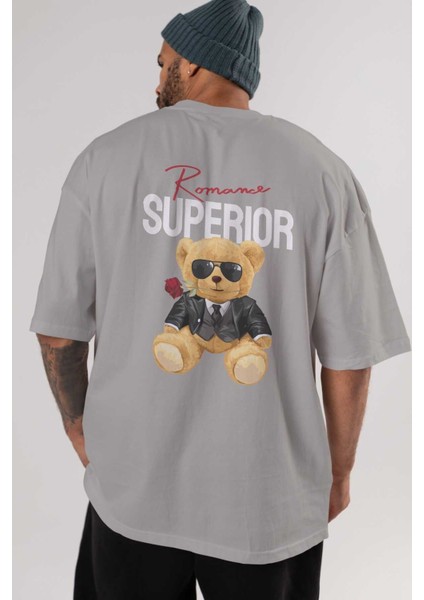 Teddy Bear Romance Superior Arka Baskılı Gri Oversize T-Shirt Unisex Erkek Kadın Bisiklet Yaka indirimleri