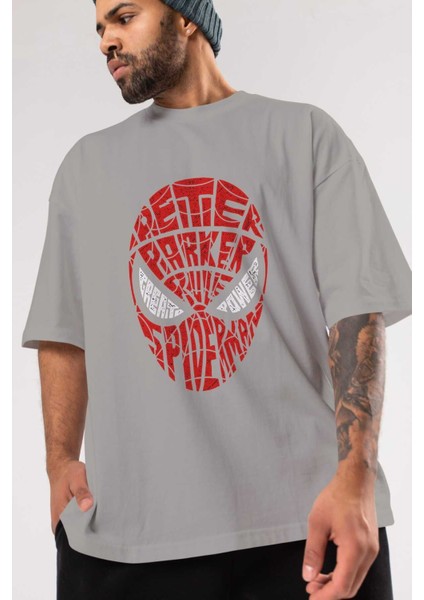 Spiderman Ön Baskılı Gri Oversize T-Shirt Unisex Erkek Kadın Bisiklet Yaka