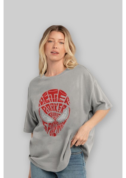 Spiderman Ön Baskılı Gri Oversize T-Shirt Unisex Erkek Kadın Bisiklet Yaka