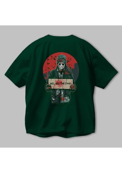 Kill For Food Arka Baskılı Zümrüt Yeşili Oversize T-Shirt Unisex Erkek Kadın Bisiklet Yaka modelleri