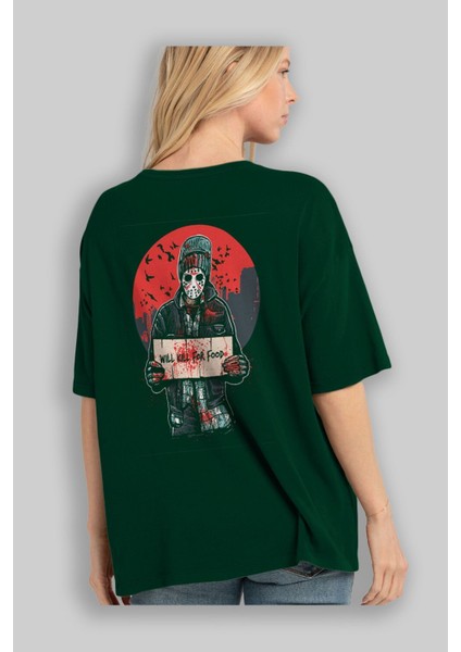 Kill For Food Arka Baskılı Zümrüt Yeşili Oversize T-Shirt Unisex Erkek Kadın Bisiklet Yaka fırsatları