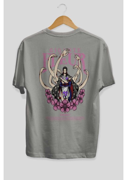 Gigante Fleur Anime Arka Baskılı Gri Oversize T-Shirt %100 Pamuk Erkek Kadın fiyatları