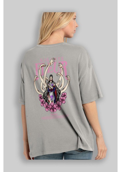 Gigante Fleur Anime Arka Baskılı Gri Oversize T-Shirt %100 Pamuk Erkek Kadın modelleri