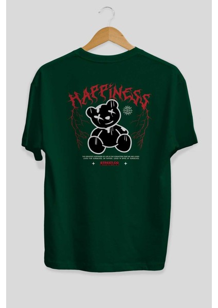 Happiness Bear Arka Baskılı Zümrüt Yeşili Oversize T-Shirt Unisex Erkek Kadın Bisiklet Yaka fiyatları