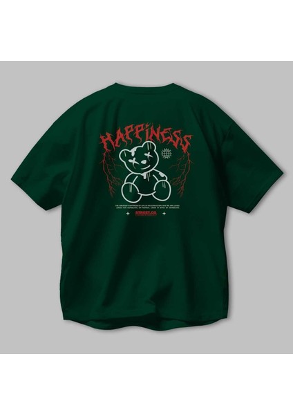 Happiness Bear Arka Baskılı Zümrüt Yeşili Oversize T-Shirt Unisex Erkek Kadın Bisiklet Yaka modelleri