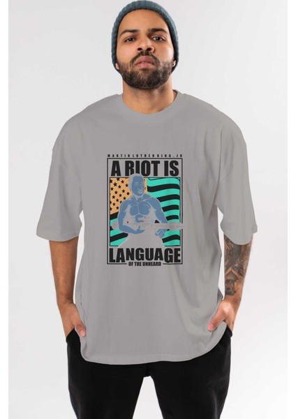 Luther King Jr Rambo Ön Baskılı Gri Oversize T-Shirt Unisex Erkek Kadın Bisiklet Yaka