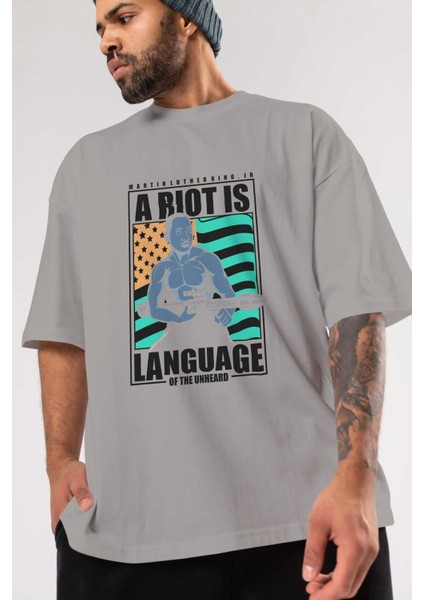 Luther King Jr Rambo Ön Baskılı Gri Oversize T-Shirt Unisex Erkek Kadın Bisiklet Yaka modelleri