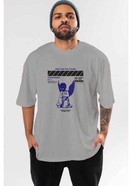 Pray For The Future Ön Baskılı Gri Oversize T-Shirt Unisex Erkek Kadın Bisiklet Yaka