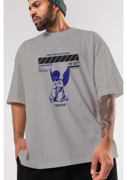 Pray For The Future Ön Baskılı Gri Oversize T-Shirt Unisex Erkek Kadın Bisiklet Yaka