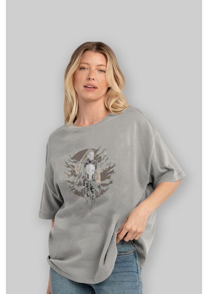 Punisher Ön Baskılı Gri Oversize T-Shirt Unisex Erkek Kadın Bisiklet Yaka fırsatları