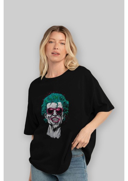 Joker 1 Ön Baskılı Siyah Oversize T-Shirt Bisiklet Yaka Erkek Kadın fırsatları