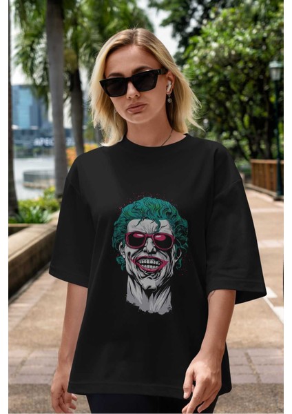 Joker 1 Ön Baskılı Siyah Oversize T-Shirt Bisiklet Yaka Erkek Kadın indirimleri