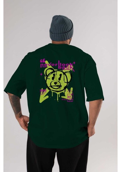 Never Look Back Bear Arka Baskılı Zümrüt Yeşili Oversize T-Shirt Unisex Erkek Kadın Bisiklet Yaka