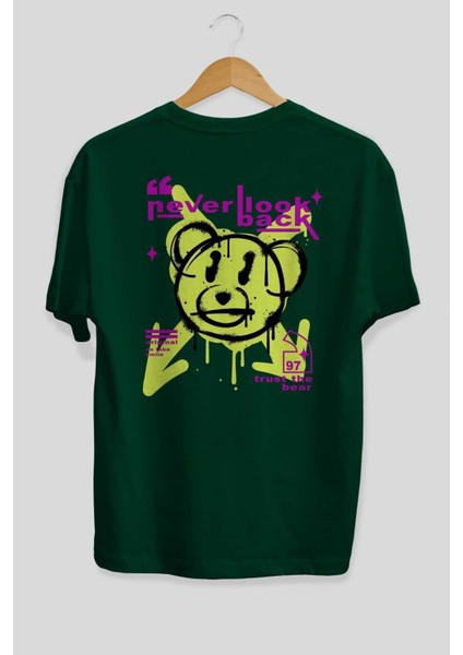Never Look Back Bear Arka Baskılı Zümrüt Yeşili Oversize T-Shirt Unisex Erkek Kadın Bisiklet Yaka fiyatları