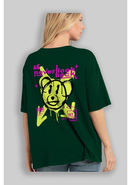 Never Look Back Bear Arka Baskılı Zümrüt Yeşili Oversize T-Shirt Unisex Erkek Kadın Bisiklet Yaka fırsatları