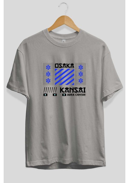 Osaka Kansai Area Centre Ön Baskılı Gri Oversize T-Shirt Unisex Erkek Kadın Bisiklet Yaka fiyatları