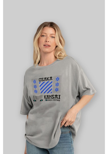 Osaka Kansai Area Centre Ön Baskılı Gri Oversize T-Shirt Unisex Erkek Kadın Bisiklet Yaka fırsatları