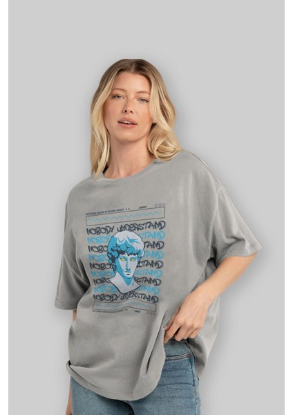Nobody Understand Ön Baskılı Gri Oversize T-Shirt Unisex Erkek Kadın Bisiklet Yaka fırsatları