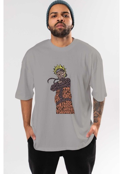 Rasengan Ön Baskılı Gri Oversize T-Shirt Unisex Erkek Kadın Bisiklet Yaka