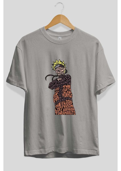 Rasengan Ön Baskılı Gri Oversize T-Shirt Unisex Erkek Kadın Bisiklet Yaka fiyatları