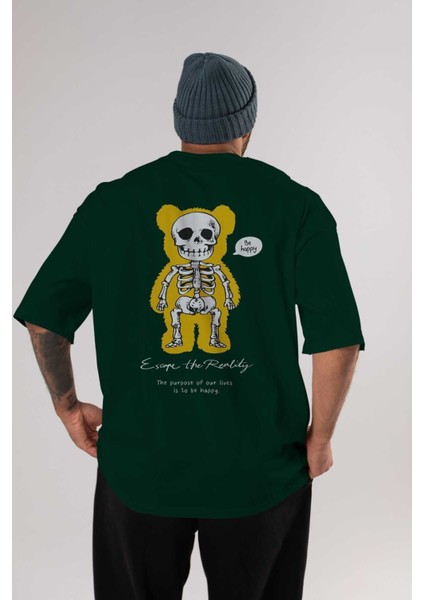 Be Happy Bear Arka Baskılı Zümrüt Yeşili Oversize T-Shirt Unisex Erkek Kadın Bisiklet Yaka