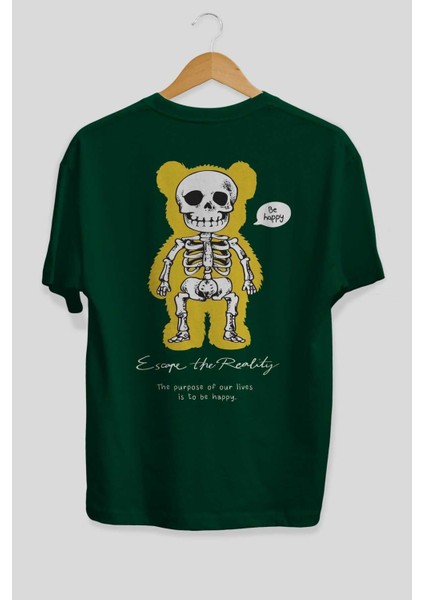 Be Happy Bear Arka Baskılı Zümrüt Yeşili Oversize T-Shirt Unisex Erkek Kadın Bisiklet Yaka fiyatları