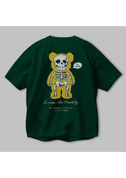 Be Happy Bear Arka Baskılı Zümrüt Yeşili Oversize T-Shirt Unisex Erkek Kadın Bisiklet Yaka modelleri