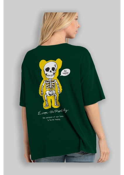 Be Happy Bear Arka Baskılı Zümrüt Yeşili Oversize T-Shirt Unisex Erkek Kadın Bisiklet Yaka fırsatları