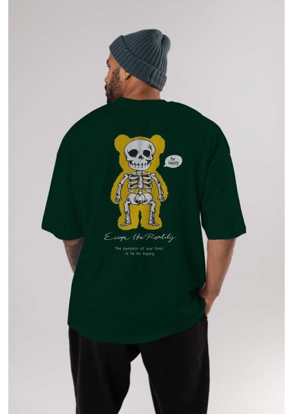 Be Happy Bear Arka Baskılı Zümrüt Yeşili Oversize T-Shirt Unisex Erkek Kadın Bisiklet Yaka indirimleri