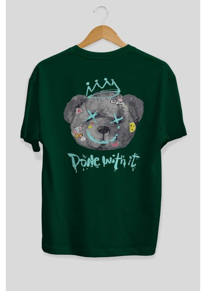 Done With It Bear Arka Baskılı Zümrüt Yeşili Oversize T-Shirt Unisex Erkek Kadın Bisiklet Yaka fiyatları