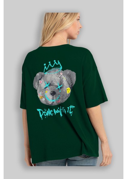 Done With It Bear Arka Baskılı Zümrüt Yeşili Oversize T-Shirt Unisex Erkek Kadın Bisiklet Yaka fırsatları