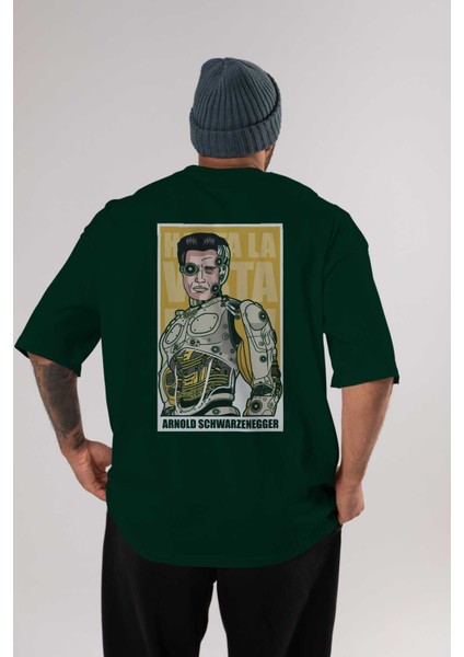 Arnold Robot Human Arka Baskılı Zümrüt Yeşili Oversize T-Shirt Unisex Erkek Kadın Bisiklet Yaka