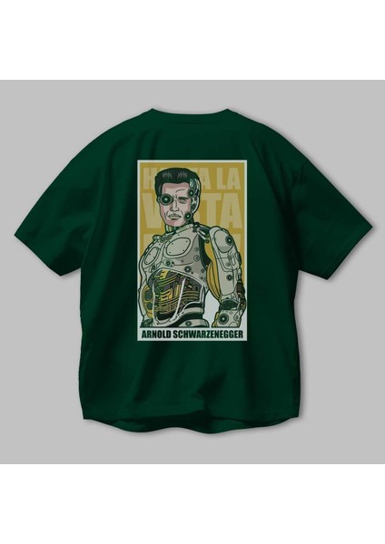 Arnold Robot Human Arka Baskılı Zümrüt Yeşili Oversize T-Shirt Unisex Erkek Kadın Bisiklet Yaka modelleri