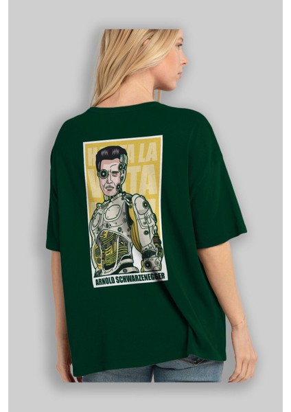 Arnold Robot Human Arka Baskılı Zümrüt Yeşili Oversize T-Shirt Unisex Erkek Kadın Bisiklet Yaka fırsatları