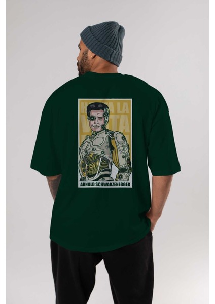 Arnold Robot Human Arka Baskılı Zümrüt Yeşili Oversize T-Shirt Unisex Erkek Kadın Bisiklet Yaka indirimleri