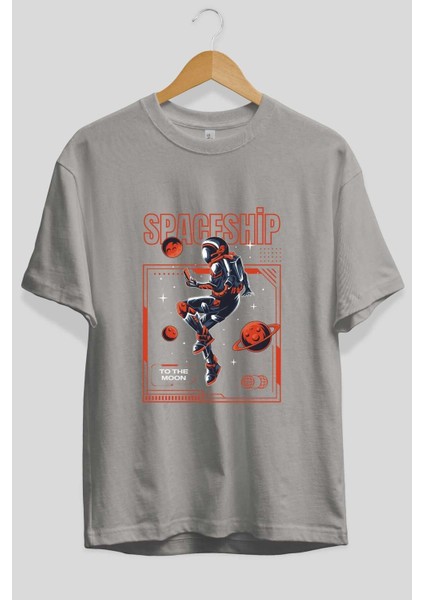 Spaceship Ön Baskılı Gri Oversize T-Shirt Unisex Erkek Kadın Bisiklet Yaka fiyatları