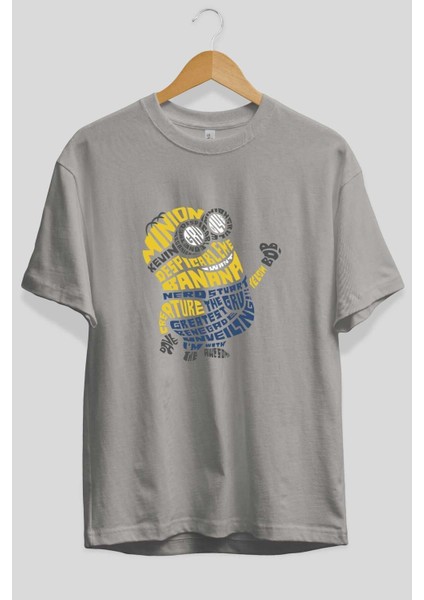 Minion Ön Baskılı Gri Oversize T-Shirt Unisex Erkek Kadın Bisiklet Yaka fiyatları