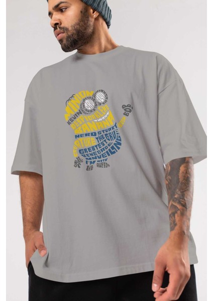 Minion Ön Baskılı Gri Oversize T-Shirt Unisex Erkek Kadın Bisiklet Yaka modelleri