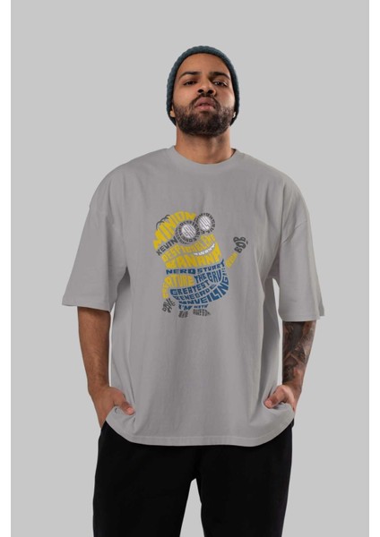 Minion Ön Baskılı Gri Oversize T-Shirt Unisex Erkek Kadın Bisiklet Yaka indirimleri