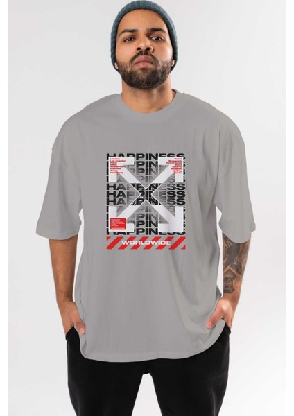 Happiness Worldwide Ön Baskılı Gri Oversize T-Shirt Unisex Erkek Kadın Bisiklet Yaka
