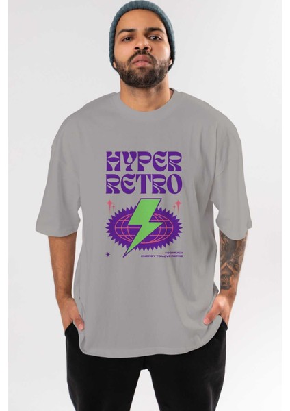 Hyper Retro Yazılı Ön Baskılı Gri Oversize T-Shirt Unisex Erkek Kadın Bisiklet Yaka