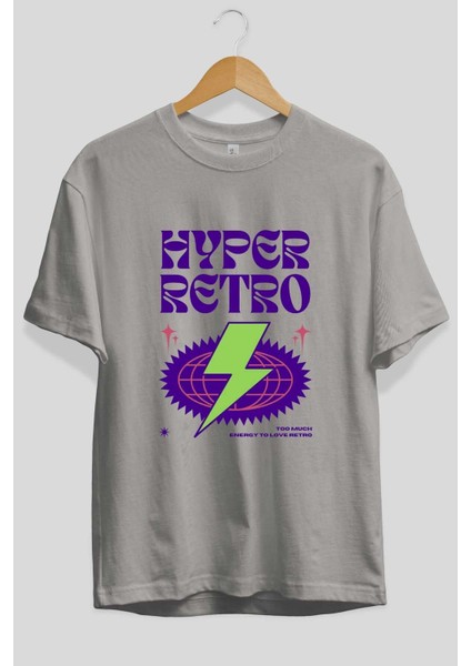 Hyper Retro Yazılı Ön Baskılı Gri Oversize T-Shirt Unisex Erkek Kadın Bisiklet Yaka fiyatları