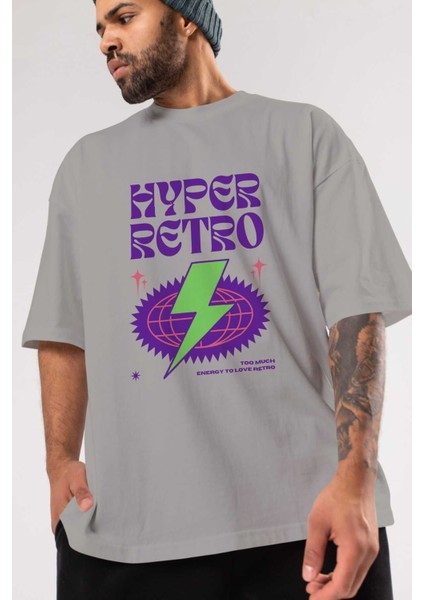 Hyper Retro Yazılı Ön Baskılı Gri Oversize T-Shirt Unisex Erkek Kadın Bisiklet Yaka modelleri