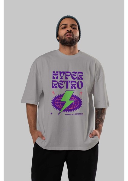 Hyper Retro Yazılı Ön Baskılı Gri Oversize T-Shirt Unisex Erkek Kadın Bisiklet Yaka indirimleri