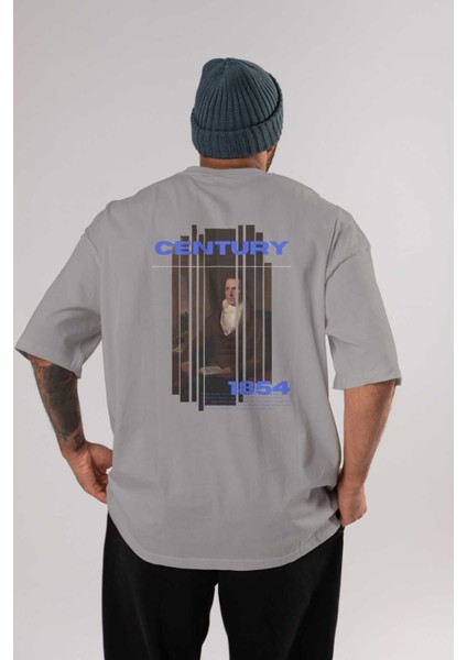 Century 1854 Yazılı Arka Baskılı Gri Oversize T-Shirt Unisex Erkek Kadın Bisiklet Yaka