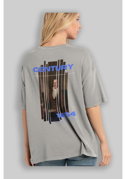 Century 1854 Yazılı Arka Baskılı Gri Oversize T-Shirt Unisex Erkek Kadın Bisiklet Yaka modelleri