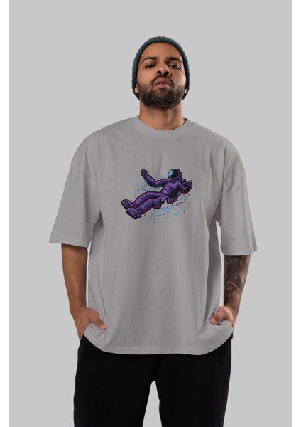 Having Fun In Outer Space Ön Baskılı Gri Oversize T-Shirt Unisex Erkek Kadın Bisiklet Yaka indirimleri