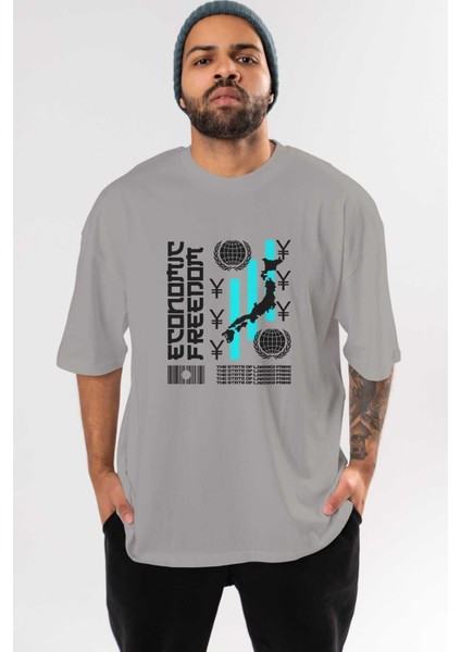 Economic Freedom Ön Baskılı Gri Oversize T-Shirt Unisex Erkek Kadın Bisiklet Yaka