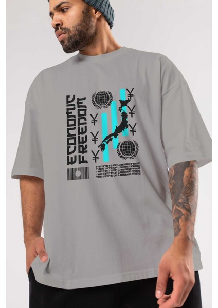 Economic Freedom Ön Baskılı Gri Oversize T-Shirt Unisex Erkek Kadın Bisiklet Yaka modelleri